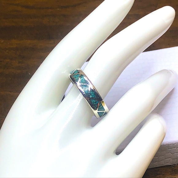 M Sterling Silver Crushed Turquoise Mosaic Inlay Southwestern Ring Sz 11 - Picture 5 of 17